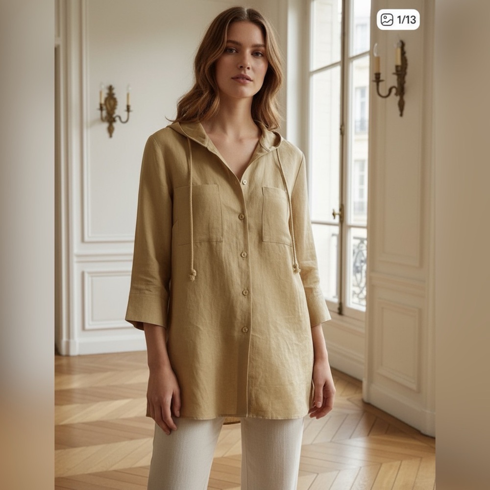 Top trend 100% linen Women's Tan Hooded button down size large